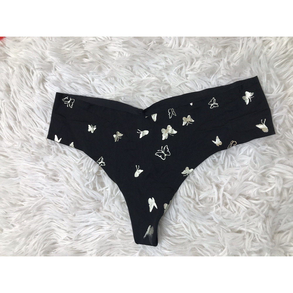 VICTORIA'S SECRET BLACK BUTTERFLY SHINE FOIL SMOOTH NO SHOW THONG PANTIES M